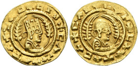 Anonymous, After 480s. Chrysos (Gold, 17 mm, 1.62 g, 12 h). ✠ↃΛↃ✠CIN✠CΛX✠ΛCΛ Draped half-length male bust to right, wearing tiara and circular earring...