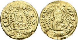 Nezana/Nezool, circa 480s-500. Chrysos (Electrum, 19 mm, 1.59 g, 12 h). ΘCΟΥ ЄΥΧΛΡΙCΤΙΛ Draped half-length bust of Nezana/Nezool to right, wearing tia...