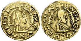 Nezana/Nezool, circa 480s-500. Chrysos (Electrum, 18 mm, 1.62 g, 12 h). ΘЄΟΥ Є-ΥΧAΡΙCΤΙΛ Draped half-length bust of Nezana/Nezool to right, wearing ti...