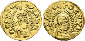 Ousanas II, early 6th century. Chrysos (Gold, 19 mm, 1.64 g, 12 h). ✠ΟΥCΛИΛ - ΛCIVЄΛC Draped half-length bust of Ousanas II to right, wearing tiara an...