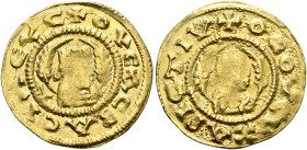 Ousanas II, early 6th century. Chrysos (Gold, 18 mm, 1.62 g, 12 h). ✠OYCAC BACIΛЄΥC Draped half-length bust of Ousanas II to right, wearing tiara and ...