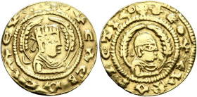 Ousanas II, early 6th century. Chrysos (Gold, 17 mm, 1.51 g, 12 h). ✠OYCAC BACIΛЄΥC Draped half-length bust of Ousanas II to right, wearing tiara and ...