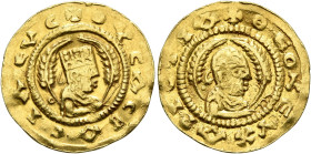 Ousanas II, early 6th century. Chrysos (Gold, 18 mm, 1.60 g, 12 h). ✠OYCAC BA•CIΛЄΥC Draped half-length bust of Ousanas II to right, wearing tiara and...