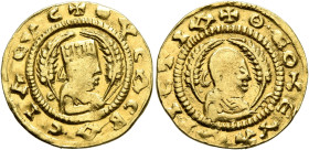 Ousanas II, early 6th century. Chrysos (Gold, 17 mm, 1.55 g, 12 h). ✠OYCAC BA•CIΛЄΥC Draped half-length bust of Ousanas II to right, wearing tiara and...