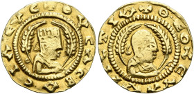 Ousanas II, early 6th century. Chrysos (Gold, 17 mm, 1.59 g, 12 h). ✠OYCAC BA•CIΛЄΥC Draped half-length bust of Ousanas II to right, wearing tiara and...