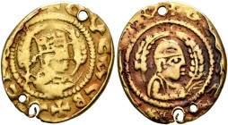Ousanas II, early 6th century. Chrysos (Gold, 15 mm, 1.36 g, 12 h). ✠OYCAC BA✠CI[ΛЄΥC] Draped half-length bust of Ousanas II to right, wearing tiara a...