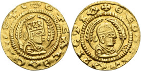 Ousanas II, early 6th century. Chrysos (Gold, 16 mm, 1.56 g, 12 h). ✠OYCAC BA•CIΛЄΥC Draped half-length bust of Ousanas II to right, wearing tiara and...