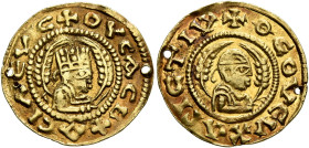 Ousanas II, early 6th century. Chrysos (Gold, 18 mm, 1.62 g, 11 h). ✠OYCAC BA✠CIΛЄΥC Draped half-length bust of Ousanas II to right, wearing tiara and...