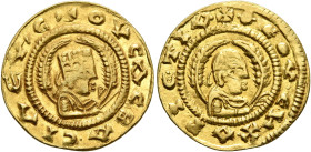 Ousanas II, early 6th century. Chrysos (Gold, 17 mm, 1.57 g, 12 h). ✠OYCAC BA•CIΛЄΥC Draped half-length bust of Ousanas II to right, wearing tiara and...