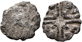Ousanas II, early 6th century. Argyros (Silver, 11 mm, 0.35 g). ΟYC[∀-N∀C] Draped bust of Ousanas II to right, wearing tight-fitting head cloth and ci...