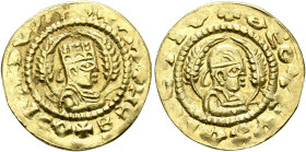 Kaleb, circa 510-530s. Chrysos (Gold, 17 mm, 1.58 g, 12 h). XΛΛ✠Ηᗺ ᗺ✠AↃΙΛ✠ↃVↃ Draped half-length bust of Kaleb to right, wearing tiara and circular ea...