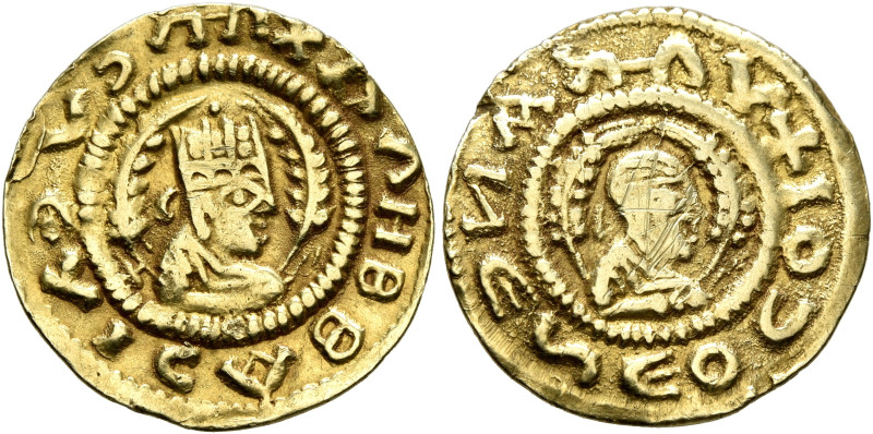 Kaleb, circa 510-530s. Chrysos (Gold, 17 mm, 1.58 g, 12 h). XAΛHB BAↃΙΛↃVↃ Drape...