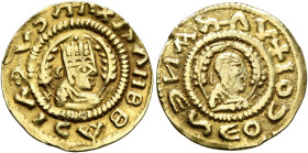 Kaleb, circa 510-530s. Chrysos (Gold, 17 mm, 1.58 g, 12 h). XAΛHB BAↃΙΛↃVↃ Draped half-length bust of Kaleb to right, wearing tiara and circular earri...