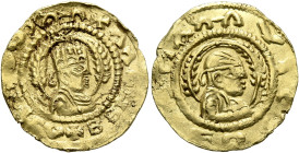 Kaleb, circa 510-530s. Chrysos (Gold, 17 mm, 1.61 g, 12 h). XAΛ✠Ηᗺ ᗺ✠AↃΙΛ✠ↃVↃ Draped half-length bust of Kaleb to right, wearing tiara and circular ea...