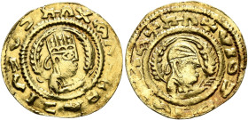Kaleb, circa 510-530s. Chrysos (Gold, 17 mm, 1.58 g, 12 h). XAΛΗB BAↃΙΛↃVↃ Draped half-length bust of Kaleb to right, wearing tiara and circular earri...