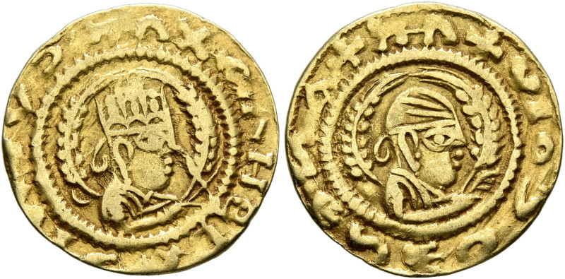 Kaleb, circa 510-530s. Chrysos (Gold, 16 mm, 1.40 g, 12 h). XAΛΗB BAↃΙΛↃVↃ Drape...