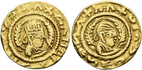 Kaleb, circa 510-530s. Chrysos (Gold, 16 mm, 1.40 g, 12 h). XAΛΗB BAↃΙΛↃVↃ Draped half-length bust of Kaleb to right, wearing tiara and circular earri...