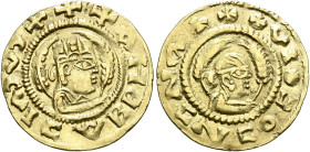 Kaleb, circa 510-530s. Chrysos (Gold, 18 mm, 1.58 g, 12 h). ✠✠✠ΑΗᗺ ᗺAↃIΛↃYↃ Draped half-length bust of Kaleb to right, wearing tiara and circular earr...
