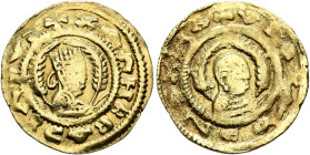 Kaleb, circa 510-530s. Chrysos (Gold, 17 mm, 1.59 g, 12 h). ✠XAΛΗB BAↃΙΛↃVↃ Draped half-length bust of Kaleb to right, wearing tiara and circular earr...