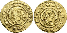 Kaleb, circa 510-530s. Chrysos (Gold, 18 mm, 1.58 g, 12 h). ✠✠✠ΑΗᗺ ᗺAↃIΛↃYↃ Draped half-length bust of Kaleb to right, wearing tiara and circular earr...