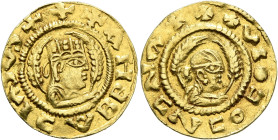 Kaleb, circa 510-530s. Chrysos (Gold, 18 mm, 1.59 g, 12 h). ✠✠✠ΑΗᗺ ᗺAↃIΛↃYↃ Draped half-length bust of Kaleb to right, wearing tiara and circular earr...