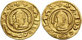 Kaleb, circa 510-530s. Chrysos (Gold, 17 mm, 1.55 g, 12 h). ✠✠✠ΑΛΗᗺ ᗺAↃAA϶YↃ Draped half-length bust of Kaleb to right, wearing tiara and circular ear...