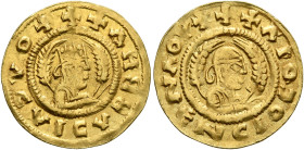 Kaleb, circa 510-530s. Chrysos (Gold, 18 mm, 1.60 g, 1 h). ✠✠✠ΑΗᗺ ᗺAↃIΛↃYↃ Draped half-length bust of Kaleb to right, wearing tiara and circular earri...