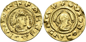 Kaleb, circa 510-530s. Chrysos (Gold, 17 mm, 1.49 g, 12 h). ✠✠✠ΑΗᗺ ᗺAↃIΛↃYↃ Draped half-length bust of Kaleb to right, wearing tiara and circular earr...