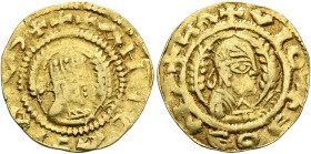 Kaleb, circa 510-530s. Chrysos (Gold, 17 mm, 1.58 g, 12 h). ✠✠✠ΑΗᗺ BAↃIAↃYↃ Draped half-length bust of Kaleb to right, wearing tiara and circular earr...