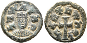 Joel, circa 590s-after 610. Lepton (Bronze, 12 mm, 1.00 g, 5 h). ነገሠ አዐአለ ('ngs yoel' = 'King Yoel' in Ge'ez) Draped bust of Joel facing, wearing tigh...