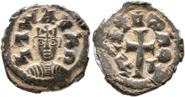 Joel, circa 590s-after 610. Lepton (Bronze, 13 mm, 1.00 g, 11 h). ነገሠ አዐአለ ('ngs yoel' = 'King Yoel' in Ge'ez) Draped bust of Joel facing, wearing tig...