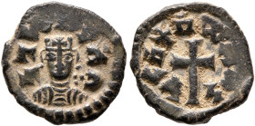 Joel, circa 590s-after 610. Lepton (Bronze, 12 mm, 0.84 g, 9 h). ነገሠ አዐአለ ('ngs yoel' = 'King Yoel' in Ge'ez) Draped bust of Joel facing, wearing tigh...