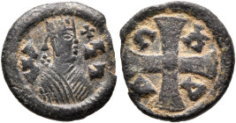 Joel, circa 590s-after 610. Lepton (Bronze, 14 mm, 1.29 g, 1 h). ነገ-ሠ ('ngs' = 'King' in Ge'ez) Draped bust of Joel to right, wearing tiara and circul...