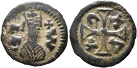 Joel, circa 590s-after 610. Lepton (Bronze, 14 mm, 0.76 g, 7 h). ነገ-ሠ ('ngs' = 'King' in Ge'ez) Draped bust of Joel to right, wearing tiara and circul...