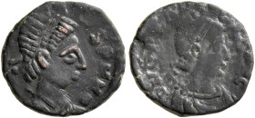 UNCERTAIN GERMANIC TRIBES, Pseudo-Imperial coinage. 5th century. Follis (Bronze, 14 mm, 1.28 g), uncertain mint. [...]SP[...] Pearl-diademed, draped a...