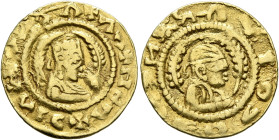 AXUM. Kaleb, circa 510-530s. Chrysos (Gold, 16 mm, 1.56 g, 12 h). XΛΛ✠ΗB Λ✠ↃΙΛ✠ↃVↃ Draped half-length bust of Kaleb to right, wearing tiara and circul...