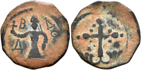 CRUSADERS. Edessa. Baldwin II, second reign, 1108-1118. Follis (Bronze, 20 mm, 2.69 g, 7 h). B/A/Δ/O Count Baldwin II, dressed in chain-armour and con...