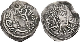 ISLAMIC, 'Abbasid Caliphate. temp. Al-Mahdi, AH 158-169 / AD 775-785. Drachm (Silver, 31 mm, 3.15 g, 11 h), Lords of Bukhara, Bukhara. Crowned bust to...