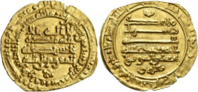 ISLAMIC, 'Abbasid Caliphate. Al-Mu'tamid, AH 256-279 / AD 870-892. Dinar (Gold, 24 mm, 3.87 g, 6 h), al-Rafiqa, AH 274 = 887/8. Citing his first heir ...
