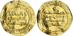 ISLAMIC, 'Abbasid Caliphate. Al-Muqtadir, first reign, AH 295-296 / AD 908. Dinar (Gold, 25 mm, 3.25 g, 6 h), al-Rafiqa, AH 296 = 908/9. ‘lā ilāha ill...