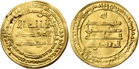 ISLAMIC, 'Abbasid Caliphate. Al-Muqtadir, second reign, AH 296-317 / AD 908-929. Dinar (Gold, 24 mm, 4.27 g, 8 h), Misr, AH 296 = 908/9. ‘lā ilāha ill...