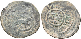 ISLAMIC, Mongols. Ilkhanids. Abu Sa'id Bahadur, AH 716-736 / AD 1316-1335. Fals (Bronze, 20 mm, 1.85 g, 11 h), al-Hilla, AH 733 = 1332/3. Hare to righ...