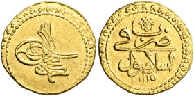 ISLAMIC, Ottoman Empire. Ahmad III, AH 1115-1143 / AD 1703-1730. 1/2 Zeri Mahbub (Gold, 19 mm, 1.71 g, 12 h), Qustantiniya, AH 1115 = AD 1703. Pere 50...