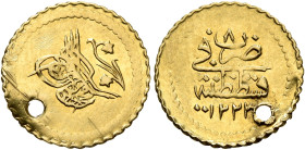 ISLAMIC, Ottoman Empire. Mahmud II, AH 1223-1255 / AD 1808-1839. ¼ Zeri Mahbub (Gold, 14 mm, 0.77 g, 2 h), Misr, AH 1223 / RY 8= AH 1230 = AD 1824/5. ...