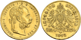 AUSTRIA. Kaisertum Österreich-Ungarn. Franz Josef I, 1867-1916. 20 Florins – 20 Francs (Gold, 21 mm, 6.44 g, 12 h), Vienna, dated 1892, but a later re...