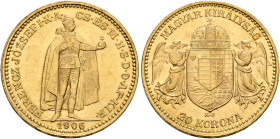 AUSTRIA. Kaisertum Österreich-Ungarn. Franz Josef I, 1867-1916. 20 Korona 1906 (Gold, 21 mm, 6.79 g, 12 h), Kremnitz. FERENCZ JOZSEF I K A CS ES M H S...