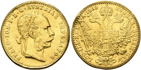 AUSTRIA. Kaisertum Österreich-Ungarn. Franz Josef I, 1867-1916. Dukat 1915 (Gold, 20 mm, 3.52 g, 12 h), Vienna. FRANC•IOS•I•D•G•AVSTRIAE IMPERATOR Lau...