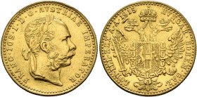 AUSTRIA. Kaisertum Österreich-Ungarn. Franz Josef I, 1867-1916. Dukat 1915 (Gold, 20 mm, 3.46 g, 12 h), Vienna. FRANC•IOS•I•D•G•AVSTRIAE IMPERATOR Lau...