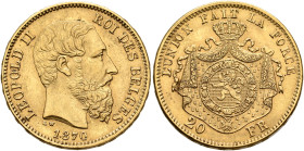BELGIUM. Léopold II, 1865-1909. 20 Francs 1870 (Gold, 21 mm, 6.46 g, 6 h), Brussels. LEOPOLD II ROI DES BELGES Head of Leopold II to right, 1870 below...