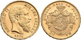 BELGIUM. Léopold II, 1865-1909. 20 Francs 1870 (Gold, 22 mm, 6.44 g, 6 h), Brussels. LEOPOLD II ROI DES BELGES Head of Leopold II to right, 1870 below...